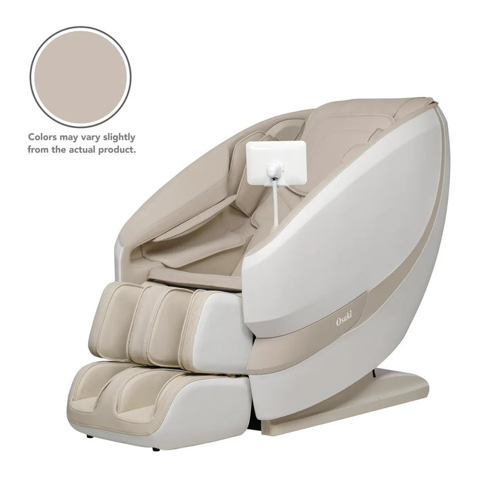 Beige massage chair with a small screen on a white background
