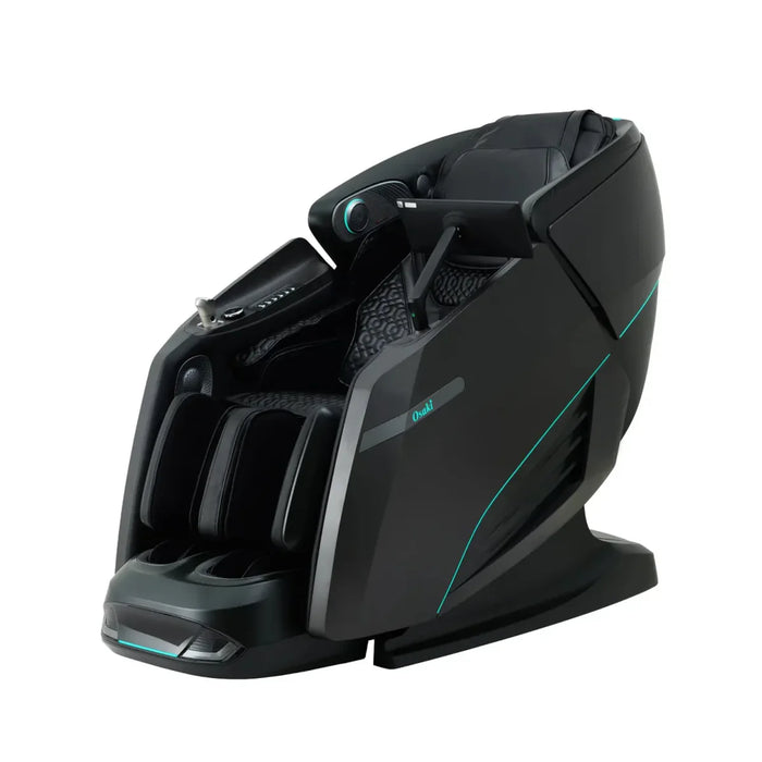 Black massage chair with teal accents on a white background