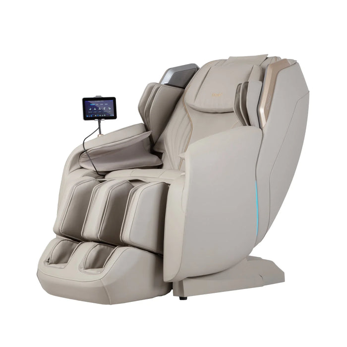 Beige massage chair with control panel on a white background