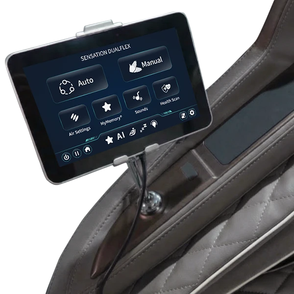 Infinity Sensation 4D DualFlex touchscreen showing Auto, Manual, MyMemory, Air Settings, and Health Scan controls