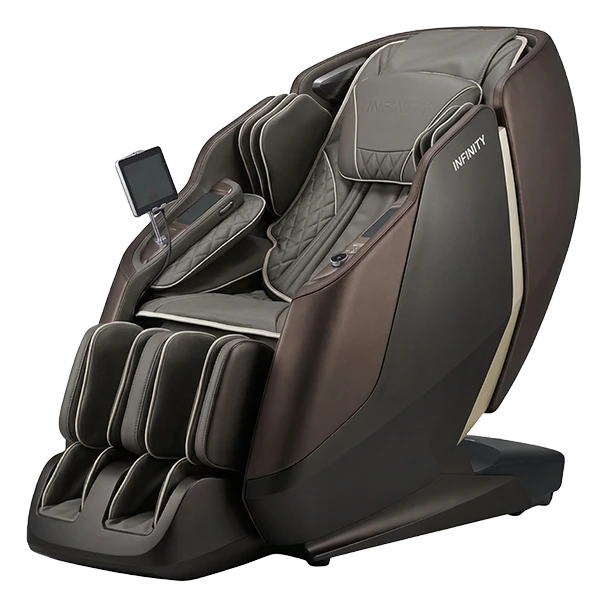 Infinity Sensation 4D DualFlex Dark Brown and Dark Gray chair viewed from the left front