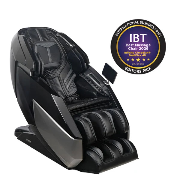 Black massage chair with IBT Best Massage Chair 2025 award on a white background