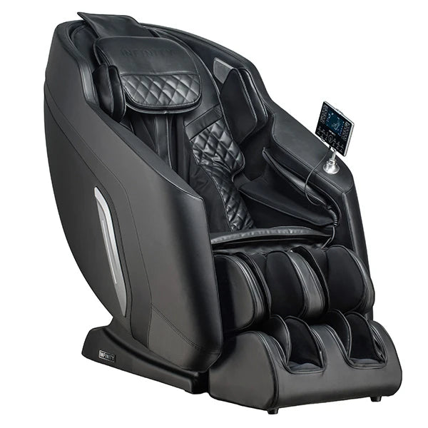 Black massage chair with quilted design on a white background