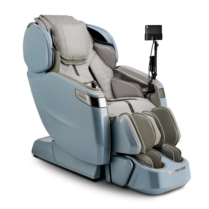 Cozzia Qi XE Pro Duo massage chair in Silver and Lightblue finish