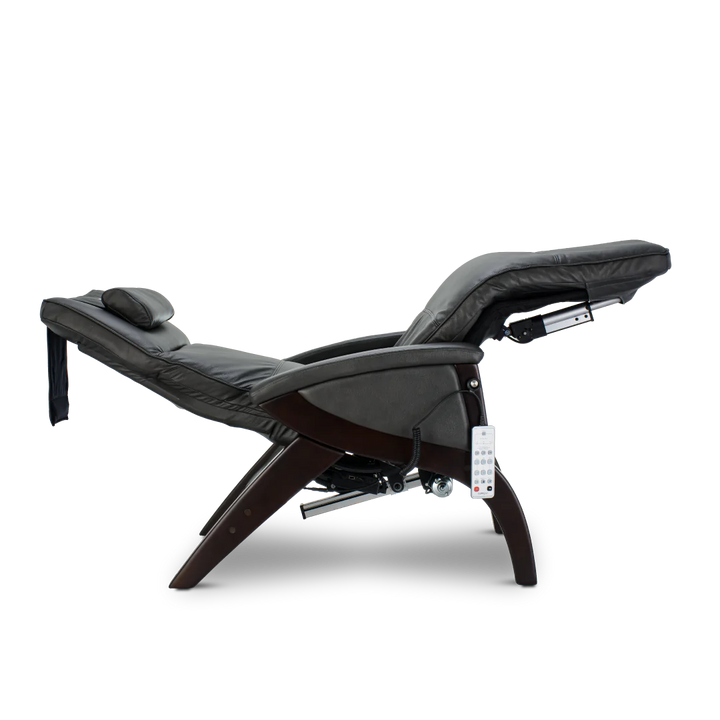 Svago Newton Zero Gravity Recliner in Grey and Dark Walnut shown fully reclined with handheld remote
