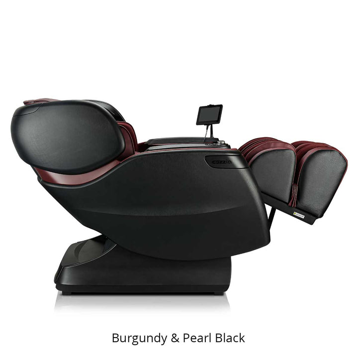 Cozzia Qi SE Zero Gravity Massage Chair in burgundy and black recline