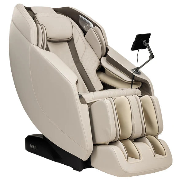 Beige massage chair with control panel on a white background