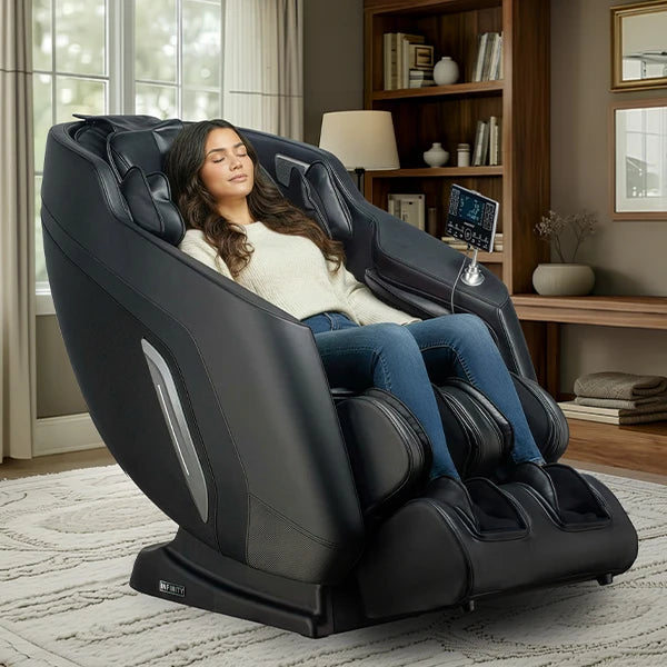 Infinity Zenara Black/Black massage chair in a home setting